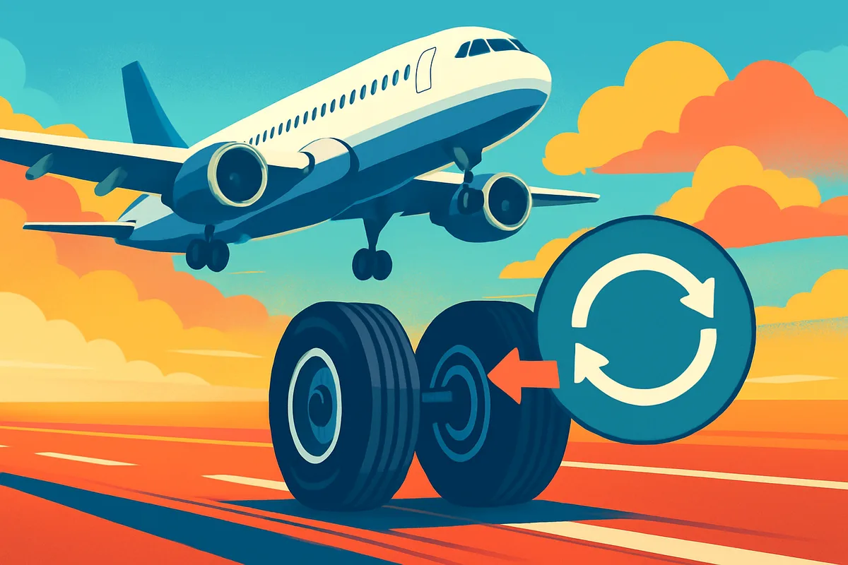 Titelbild: Geringerer Flugzeugreifenverschleiß durch Reifen-vor-rotation im Landeanflug